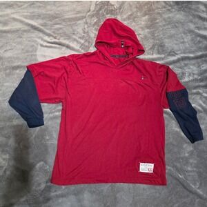 Vintage Bugle Boy Mens XL Red Navy Colorblock Hooded Long Sleeve T-Shirt 90s BB